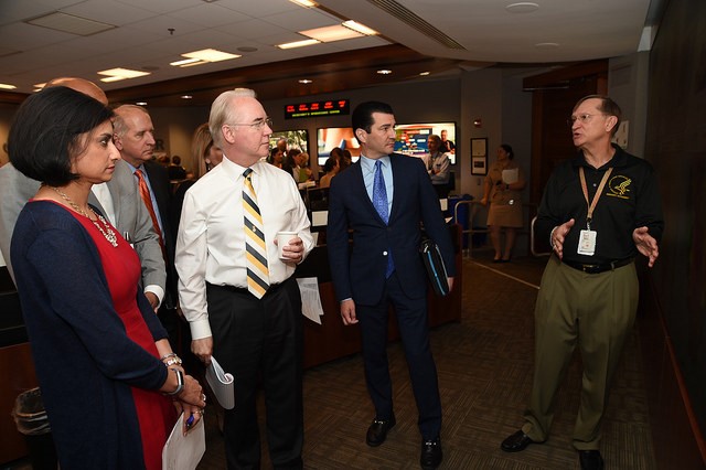 HHS Secretary Price receiving a briefing on Hurricane Irma response in the Secretary's Operation Center (SOC)