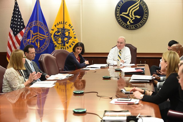 HHS Secretary Price receiving a briefing on Hurricane Irma response in the Secretary's Operation Center (SOC)